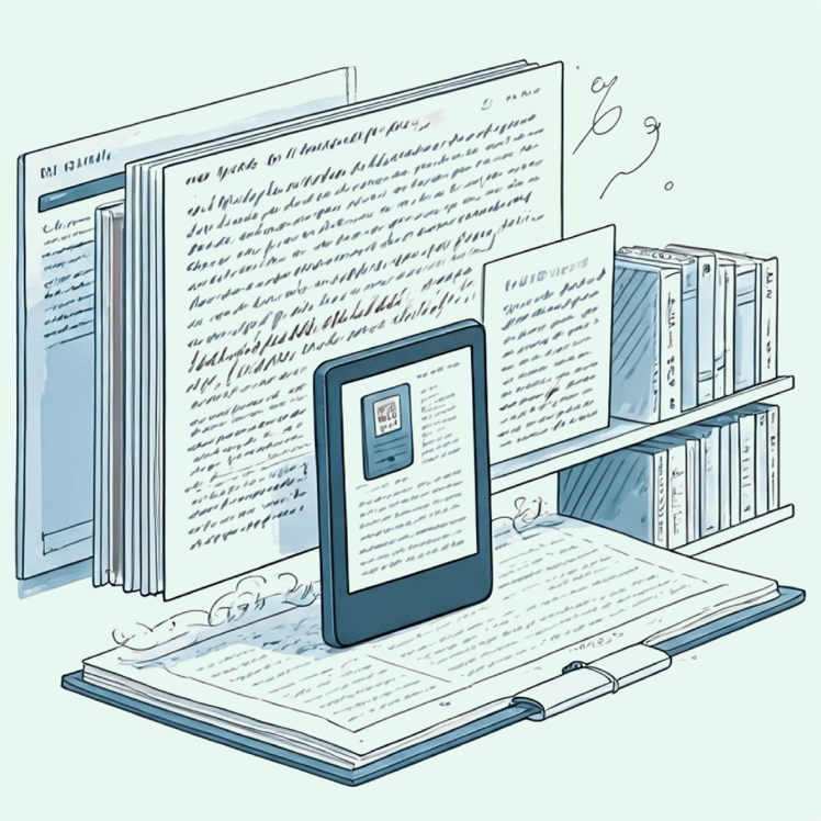 Illustrated digital publishing scene with books, tablet, and documents, highlighting multi-format publishing