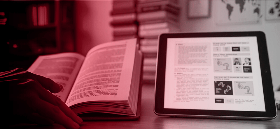 Open book beside a tablet displaying an e-book, representing print and digital publishing convergence