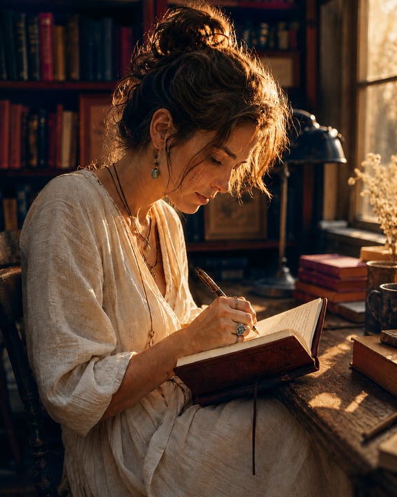 Professional book editor writing in a leather-bound manuscript inside a sunlit home library