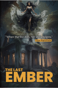 The Last Ember dark fantasy book cover by Elara Nightshade, featuring a winged figure above a Gothic mansion